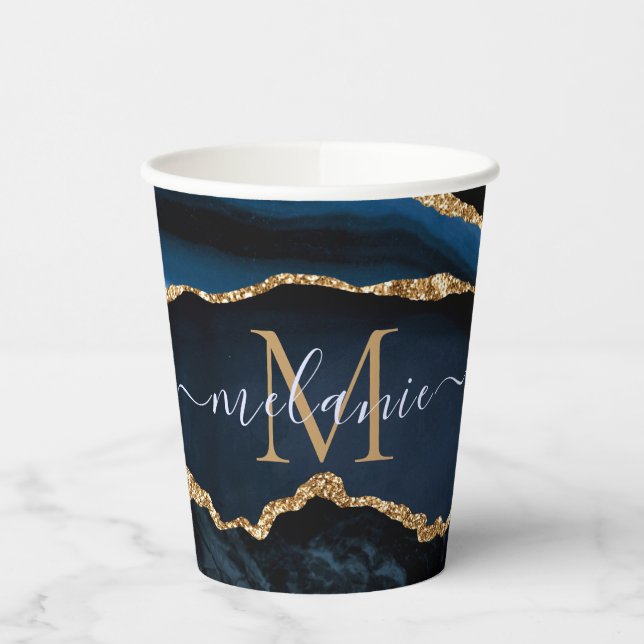 Navy Blue Gold Marble Your Letter Name Paper Cups (Left)