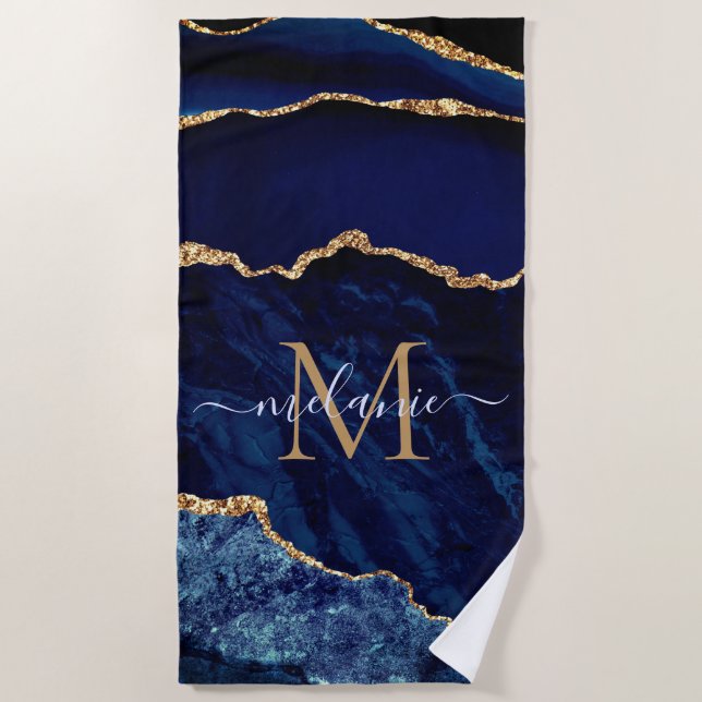 Navy Blue Gold Marble Your Name Letter Beach Towel (Front)