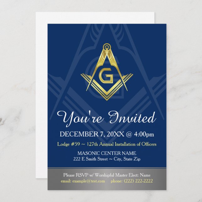 Navy Blue Gold Masonic Invitations | Freemasonry (Front/Back)