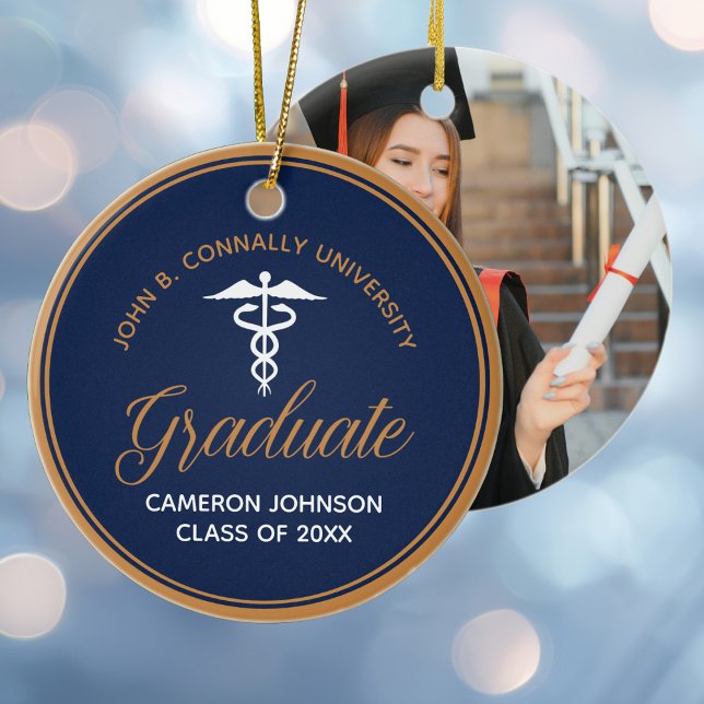 Navy Blue Gold Medical School Graduation Photo Ceramic Tree Decoration (Creator Uploaded)