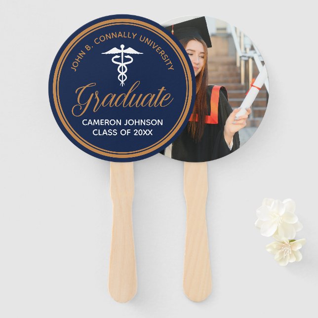 Navy Blue Gold Medical School Graduation Photo Hand Fan (Front and Back)