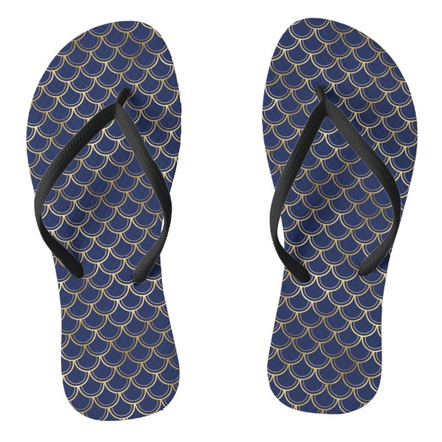 Navy Blue Gold Mermaid Scales Pattern Flip Flops (Footbed)