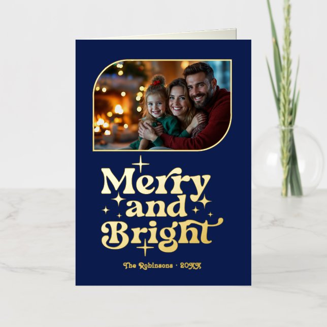 Navy Blue & Gold Merry and Bright Photo Christmas Foil Holiday Card (Front)