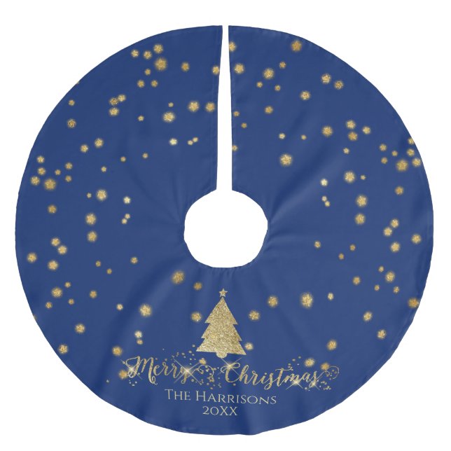 Navy Blue Gold Merry Christmas  Tree Sparkles Brushed Polyester Tree Skirt (Front)