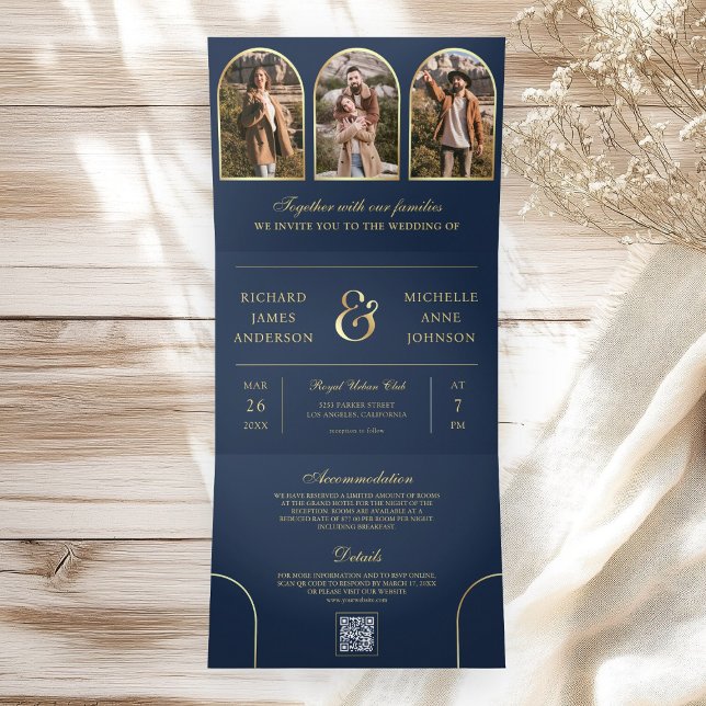 Navy Blue Gold Minimal Arch Photo QR code Wedding Tri-Fold Invitation (Creator Uploaded)