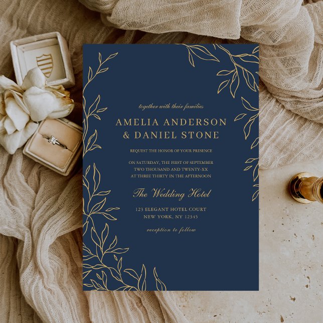 Navy Blue Gold Minimal Elegant Leaf Wedding  Invitation (Creator Uploaded)