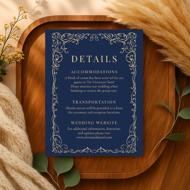 Navy Blue Gold Minimalist Wedding Details Invitation (Creator Uploaded)