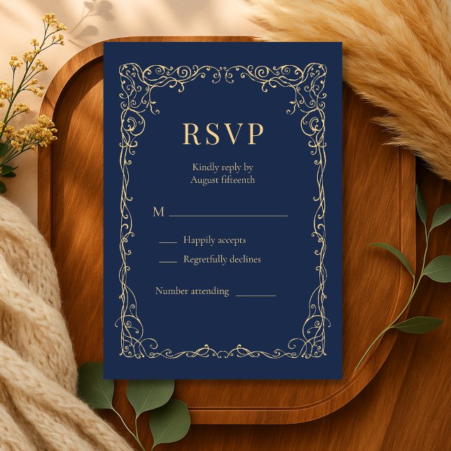 Navy Blue Gold Minimalist Wedding RSVP  Card (Creator Uploaded)