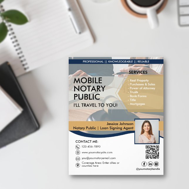 Navy Blue & Gold Mobile Notary Marketing Template  Flyer (Creator Uploaded)