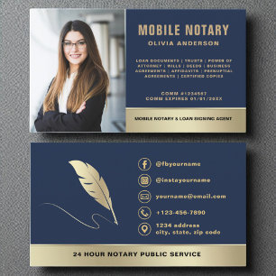 Navy Blue Gold Mobile Notary Signing Agent Photo  Business Card