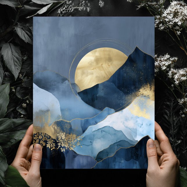 Navy Blue Gold Modern Abstract Landscape Wall Art (Creator Uploaded)