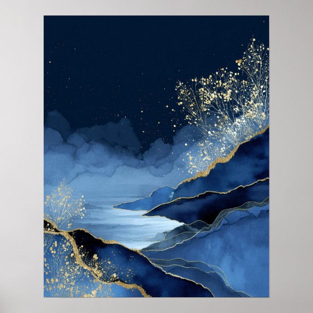Navy Blue Gold Modern Abstract Landscape Wall Art (Front)