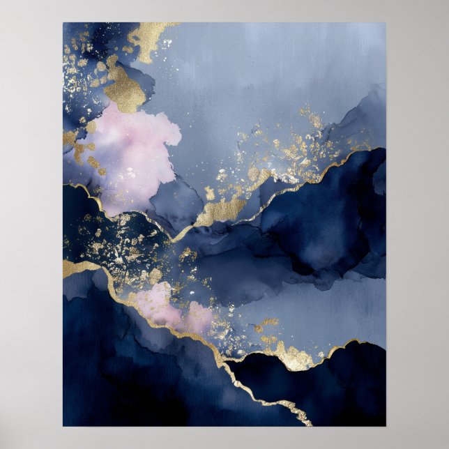 Navy Blue Gold Modern Abstract Wall Art (Front)