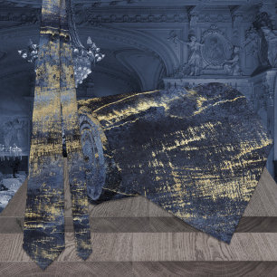 Navy Blue & Gold Modern Art Painting Wedding Tie