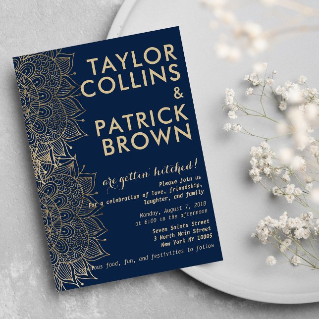 Navy blue gold modern floral mandala Wedding Invitation (Navy blue gold modern floral mandala Wedding)