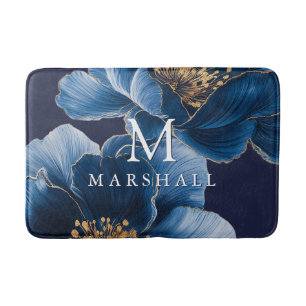 Navy Blue Gold Modern Floral Monogram Family Name Bath Mat