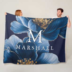 Navy Blue Gold Modern Floral Monogram Family Name Fleece Blanket
