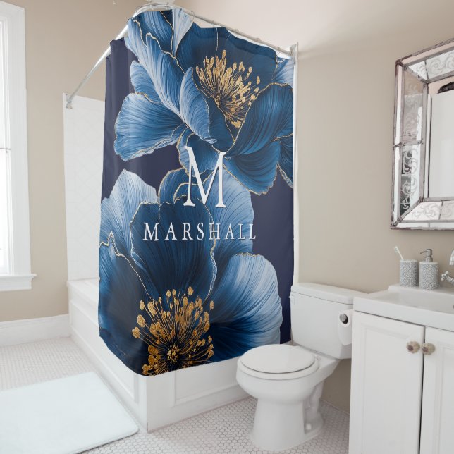 Navy Blue Gold Modern Floral Monogram Family Name Shower Curtain (In Situ)