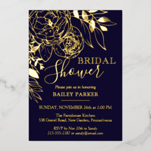 Navy Blue & Gold Modern Floral Peony Bridal Shower