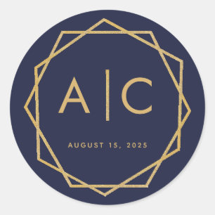 Navy Blue & Gold Modern Geometric Wedding Monogram Classic Round Sticker