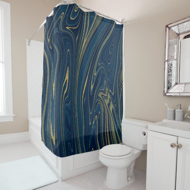 Navy Blue & Gold Modern Glam Marble Elegant Chic Shower Curtain (In Situ)