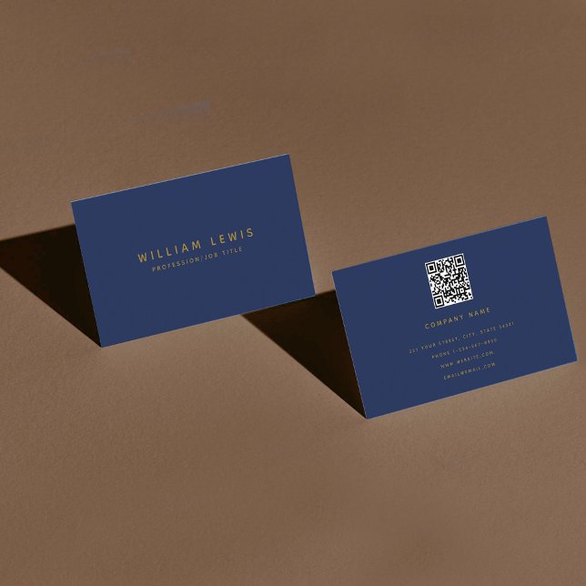 Navy Blue & Gold Modern Minimalist QR Code  Business Card (Creator Uploaded)