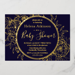 Navy Blue & Gold Modern Peony Toile Baby Shower