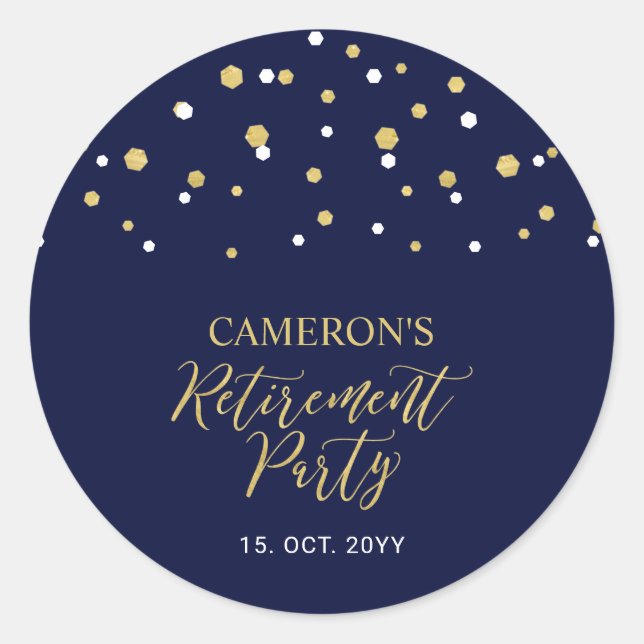 Navy Blue & Gold | Modern Retirement Party Favour Classic Round Sticker (Front)