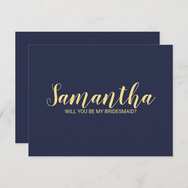 Navy Blue Gold Modern Script Bridesmaid Proposal Invitation (Front/Back)