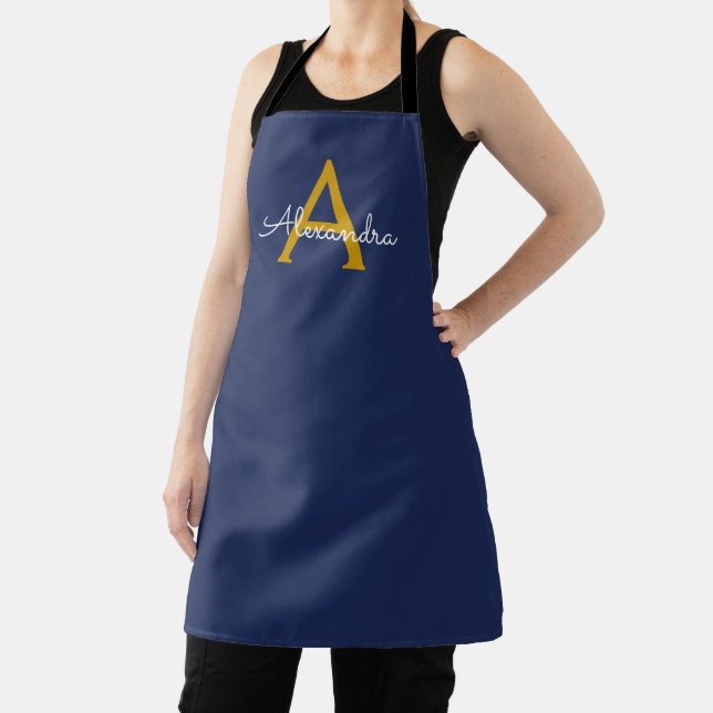 Navy Blue Gold Modern Script Girly Monogram Name Apron (Insitu)