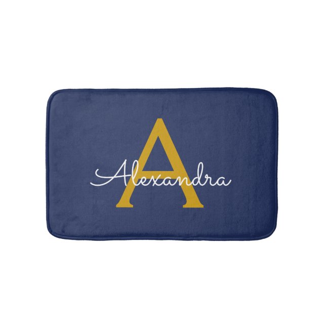 Navy Blue Gold Modern Script Girly Monogram Name Bath Mat (Front)