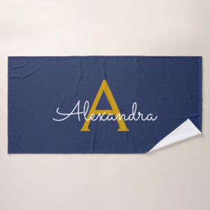Navy Blue Gold Modern Script Girly Monogram Name Bath Towel