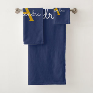 Navy Blue Gold Modern Script Girly Monogram Name Bath Towel Set