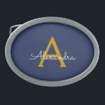 Navy Blue Gold Modern Script Girly Monogram Name Belt Buckle<br><div class="desc">Navy Blue and Gold Simple Script Monogram Name Belt Buckle. This makes the perfect graduation,  sweet 16 16th,  18th,  21st,  30th,  40th,  50th,  60th,  70th,  80th,  90th,  100th birthday,  wedding,  bridal shower,  anniversary,  baby shower or bachelorette party gift for someone that loves glam luxury and chic styles.</div>