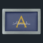 Navy Blue Gold Modern Script Girly Monogram Name Belt Buckle<br><div class="desc">Navy Blue and Gold Simple Script Monogram Name Belt Buckle. This makes the perfect graduation,  sweet 16 16th,  18th,  21st,  30th,  40th,  50th,  60th,  70th,  80th,  90th,  100th birthday,  wedding,  bridal shower,  anniversary,  baby shower or bachelorette party gift for someone that loves glam luxury and chic styles.</div>
