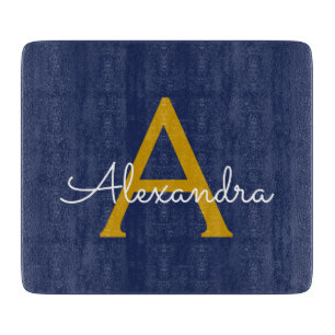 Navy Blue Gold Modern Script Girly Monogram Name Cutting Board