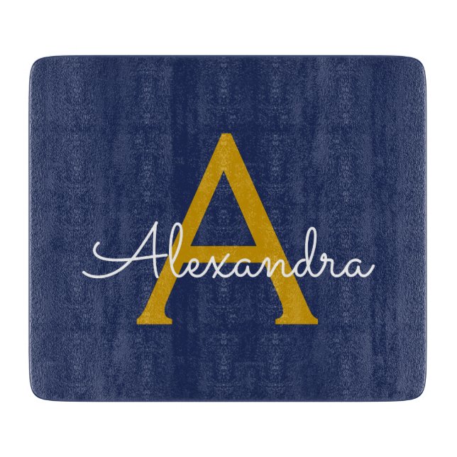 Navy Blue Gold Modern Script Girly Monogram Name Cutting Board (Front)