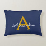 Navy Blue Gold Modern Script Girly Monogram Name Decorative Cushion<br><div class="desc">Navy Blue and Gold Script Monogram Name and Initial Pillow. The pillow makes the perfect sweet 16 birthday,  wedding,  bridal shower,  baby shower or bachelorette party gift for someone decorating her room in rose gold.</div>