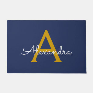 Navy Blue Gold Modern Script Girly Monogram Name Doormat
