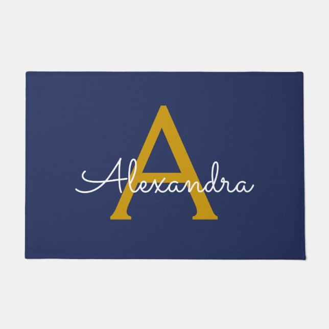 Navy Blue Gold Modern Script Girly Monogram Name Doormat (Front)