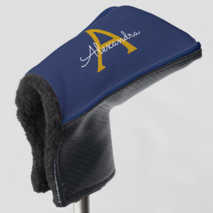 Navy Blue Gold Modern Script Girly Monogram Name Golf Head Cover