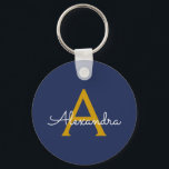 Navy Blue Gold Modern Script Girly Monogram Name Key Ring<br><div class="desc">Navy Blue and Gold Simple Script Monogram Name Keychains (Key Chain). This makes the perfect sweet 16 birthday,  wedding,  bridal shower,  anniversary,  baby shower or bachelorette party gift for someone that loves glam luxury and chic styles.</div>
