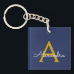 Navy Blue Gold Modern Script Girly Monogram Name Key Ring<br><div class="desc">Navy Blue and Gold Simple Script Monogram Name Keychain. This makes the perfect sweet 16 birthday,  wedding,  bridal shower,  anniversary,  baby shower or bachelorette party gift for someone that loves glam luxury and chic styles.</div>