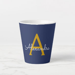 Navy Blue Gold Modern Script Girly Monogram Name Latte Mug