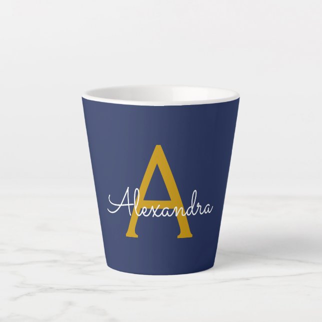 Navy Blue Gold Modern Script Girly Monogram Name Latte Mug (Front)