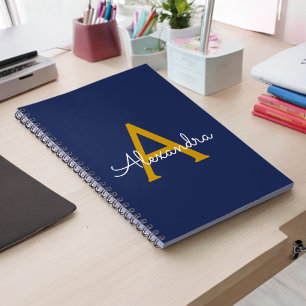 Navy Blue Gold Modern Script Girly Monogram Name Notebook