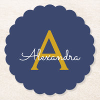 Navy Blue Gold Modern Script Girly Monogram Name