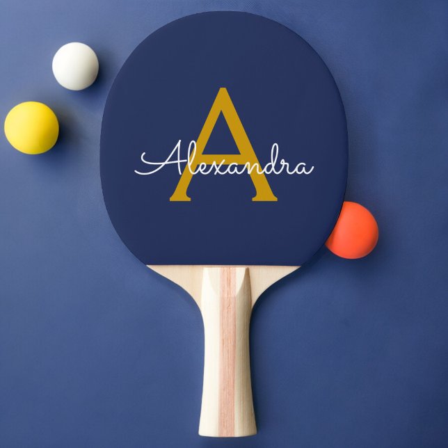 Navy Blue Gold Modern Script Girly Monogram Name Ping Pong Paddle (Creator Uploaded)