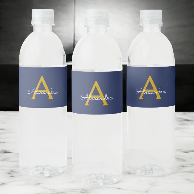 Navy Blue Gold Modern Script Girly Monogram Name Water Bottle Label (Creator Uploaded)