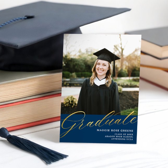 Navy Blue Gold Modern Script | Graduation Photo Announcement (Creator Uploaded)